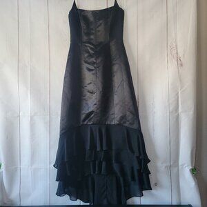 Vintage Y2K DE LARU Long Black Formal Dress, Sz 5/6, Maxi Halter Satin Ruffle